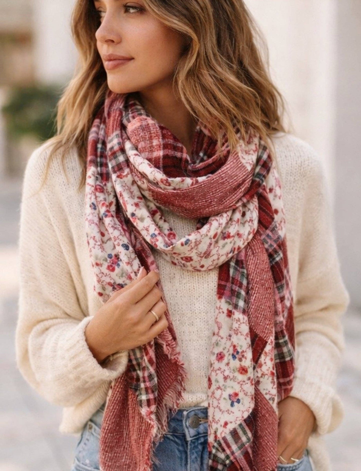 JC022516 Vintage Patchwork Floral & Plaid Scarf Shawl – Soft Lightweight Boho Wrap Cashmere-Blend Scarf: Brown