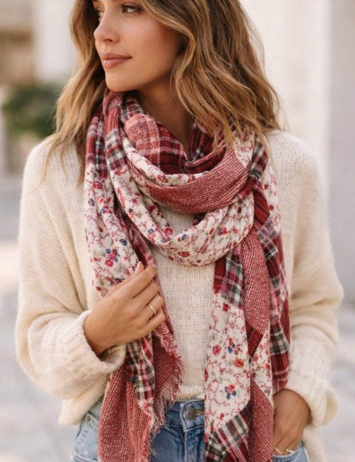 JC022516 Vintage Patchwork Floral & Plaid Scarf Shawl – Soft Lightweight Boho Wrap Cashmere-Blend Scarf: Blue