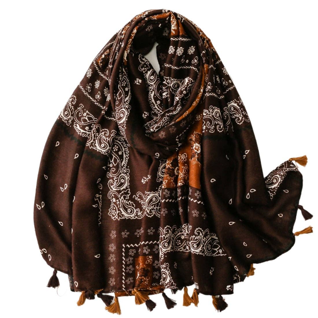 Scarvii - Paisley Pattern Fringed Scarf: Brown
