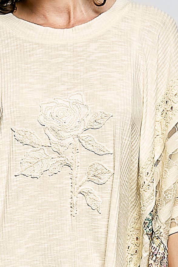 Artisan Rose Appliqué Patchwork Knit Top