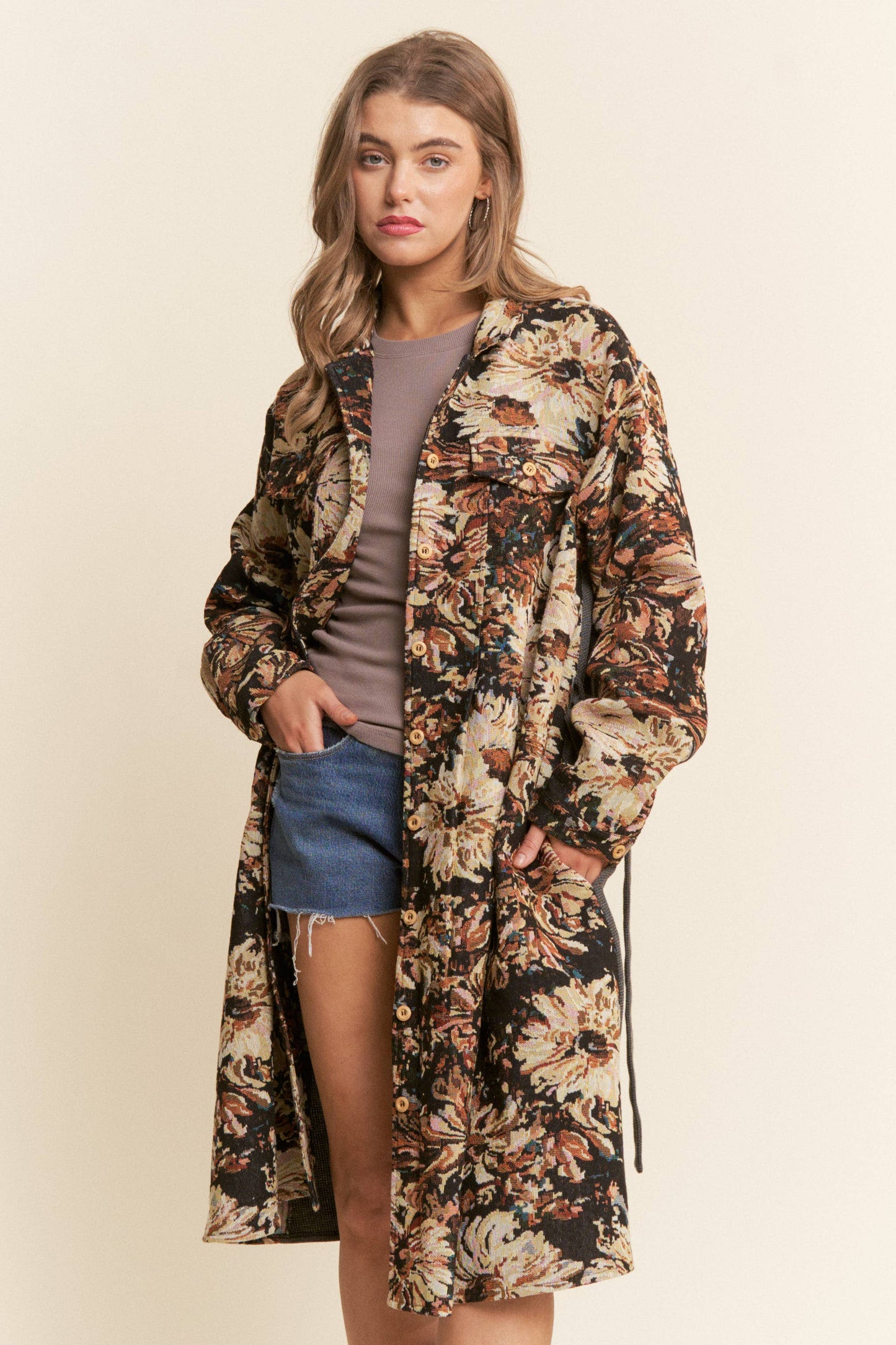 Floral Print Knit Button Down Coat