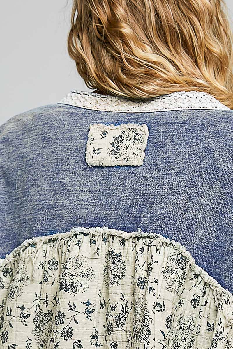 French Terry Floral Gauze Ruffle Detail Denim Short Top