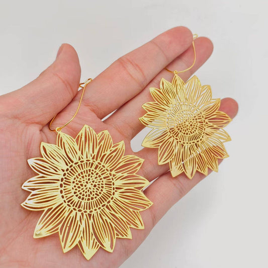 Golden Hollow Sunflower Hoop Earrings
