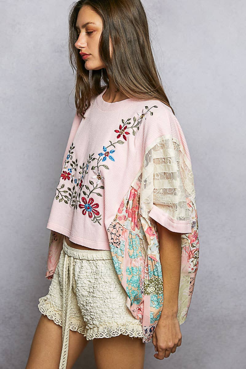 Boho Side Ruffle Detail Floral Embroidery Thermal Top: Pink