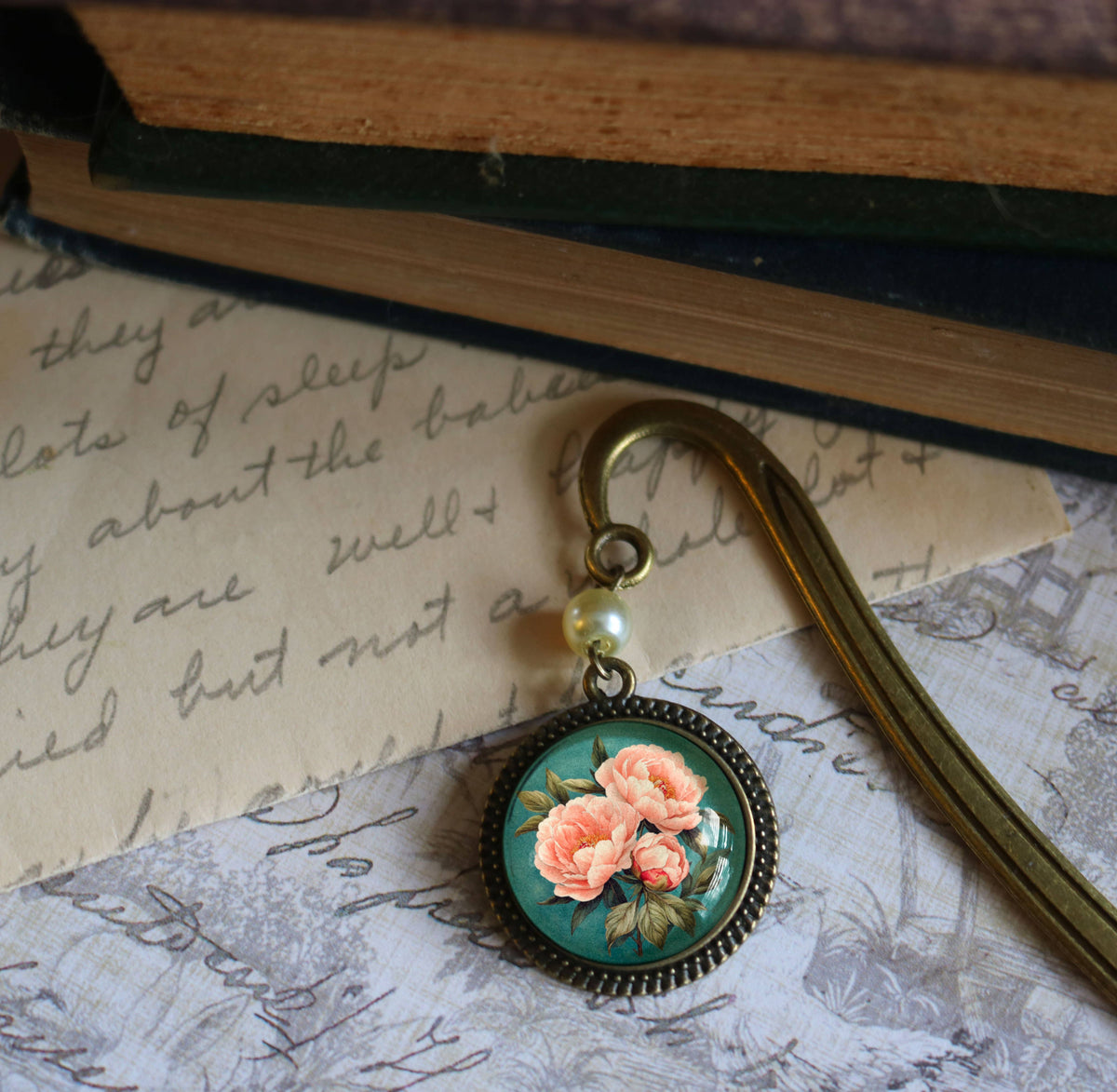 Pink Peony Bronze and Glass Cabochon Bookmark w/ Pearl Bead