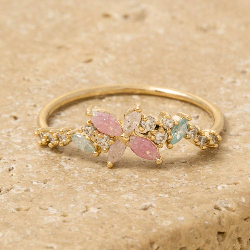 Gold Dipped Colorful Cz Flower Ring: G