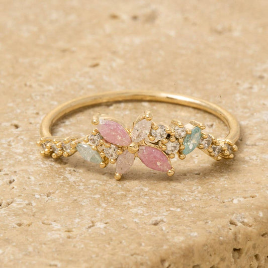 Gold Dipped Colorful Cz Flower Ring: G