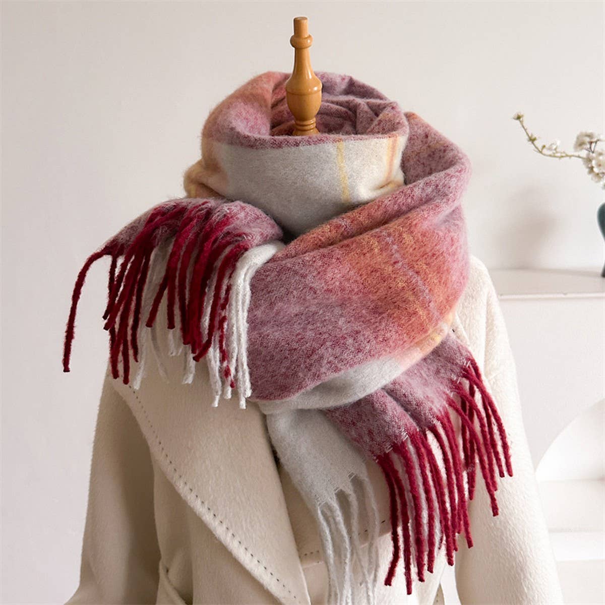 Soft Gradient Knit Tassel Scarf Wrap Shawl_CWASC2739: WINE / (OS) 2