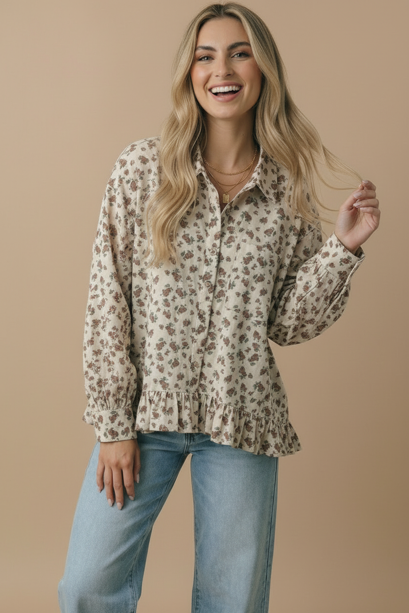 Collared Floral Peplum Hem Babydoll Shirt: OATMEAL / S