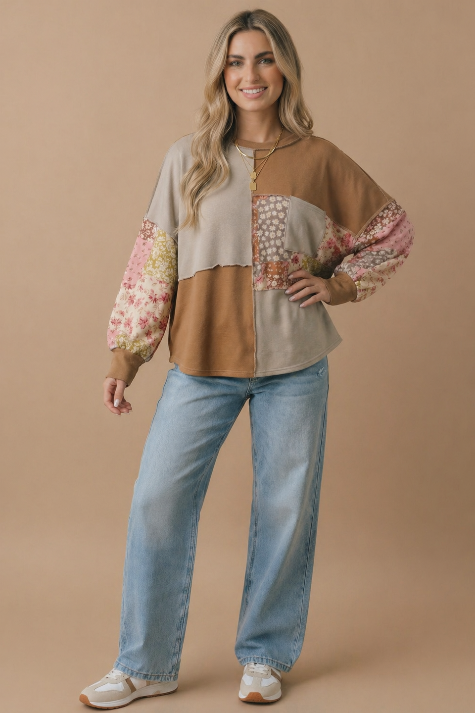 Mock Neck Floral Patchwork Pullover Top: TAUPE/CAMEL / M
