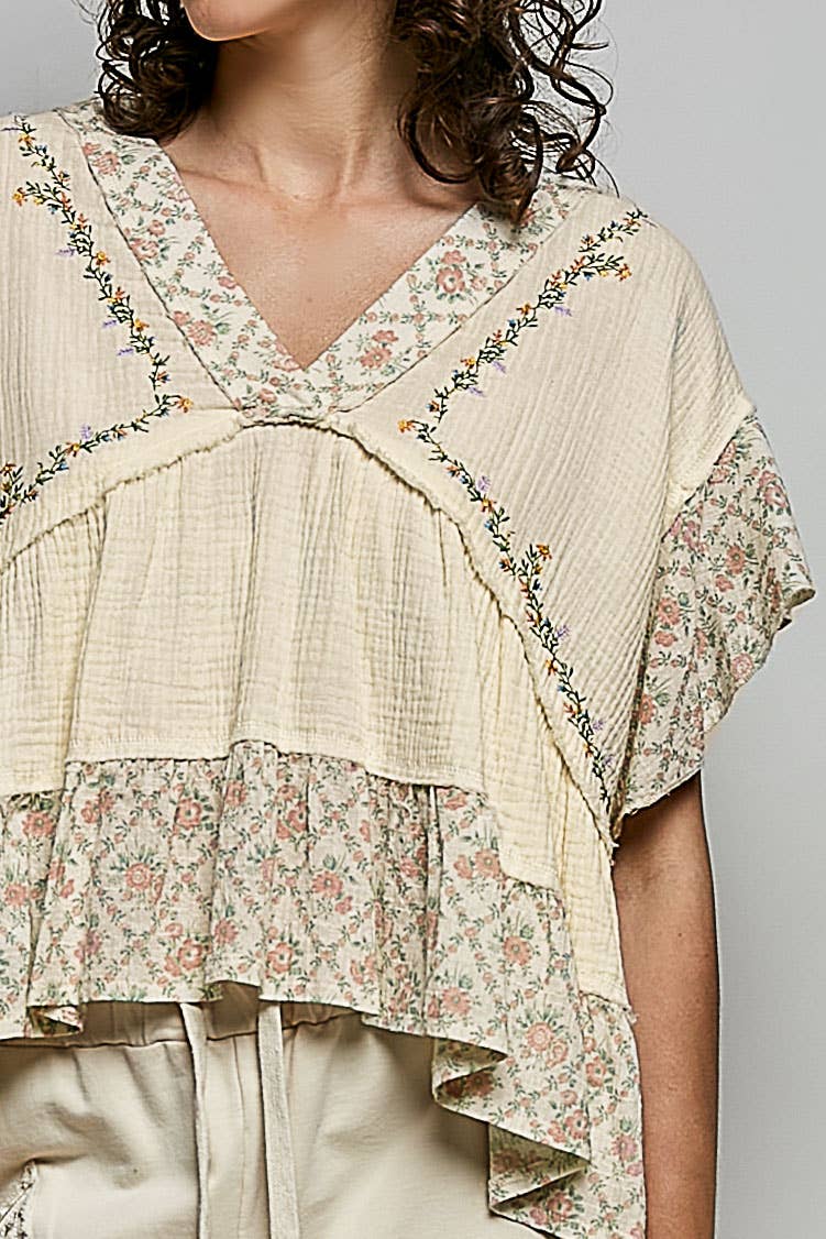 V-neck short sleeve embroidery woven top