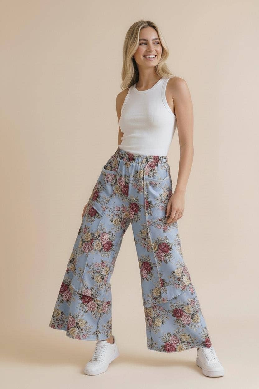 Elastic Waist Wide Leg Vintage Floral Pant: Oatmeal / S