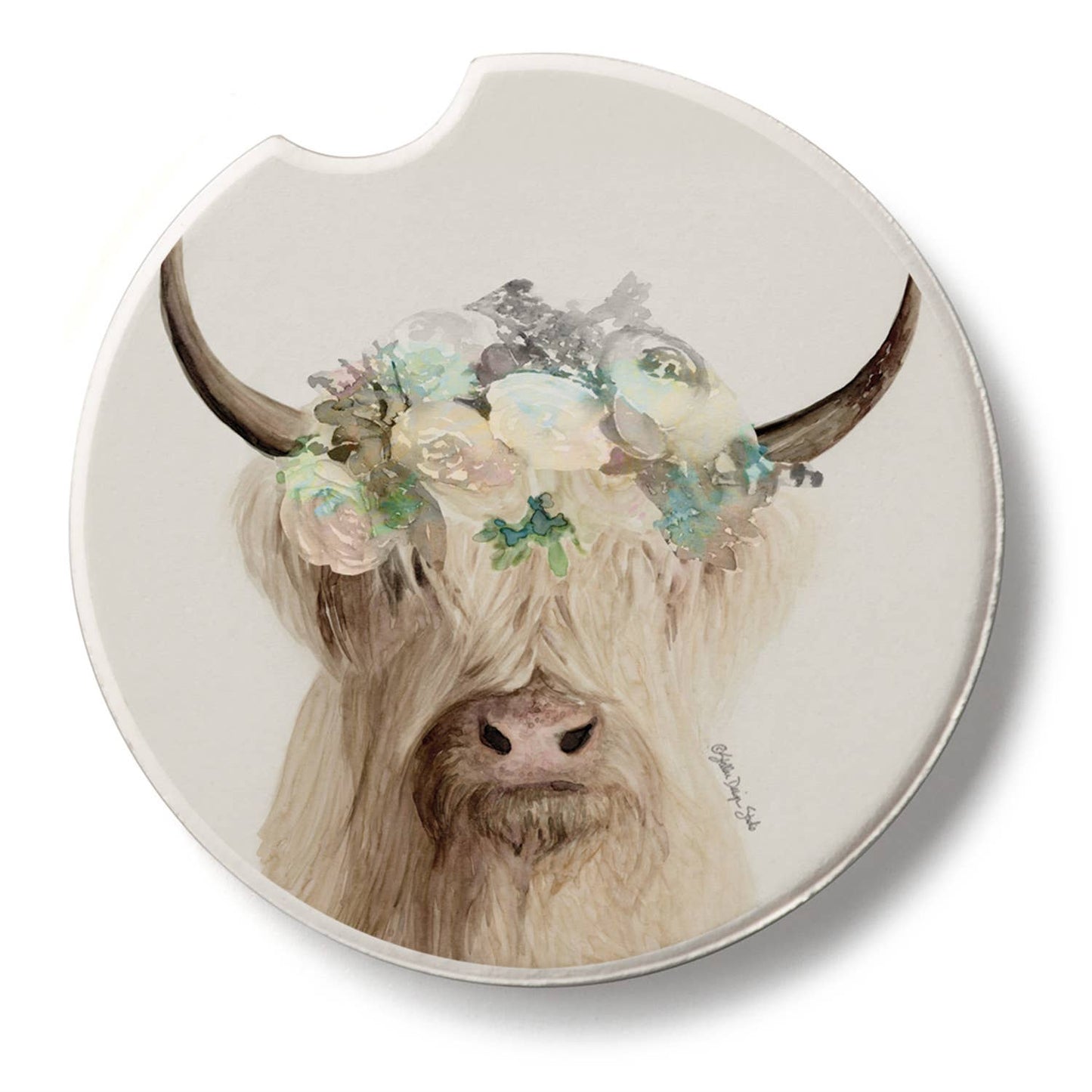 "Floral Highland Cow" Single Packaged Stone Car Coaster