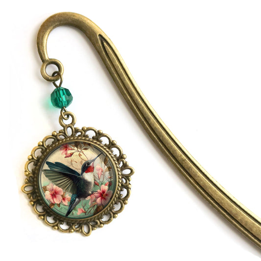 Hummingbird Art Nouveau Glass Cabochon Bronze Bookmark