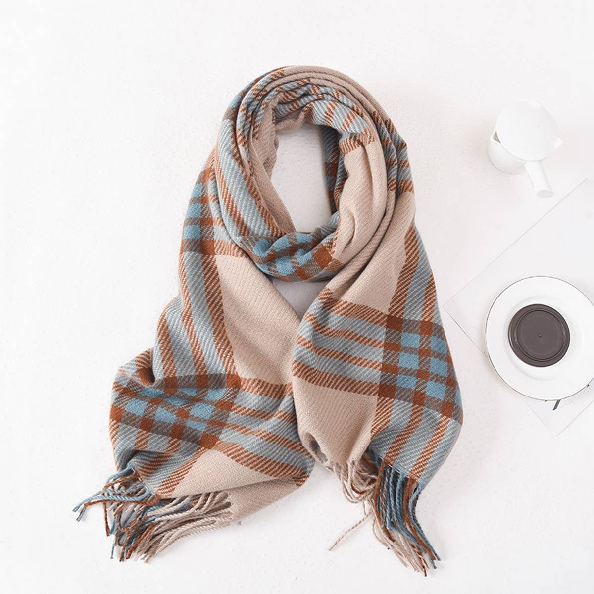 TASSEL PLAID SCARF: LIGHTBROWN