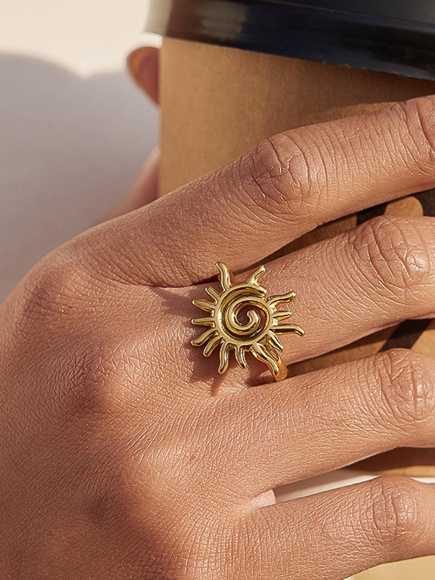 Starwyn 18K Gold Non-Tarnish Sun Spiral Statement Ring: Yellow Gold