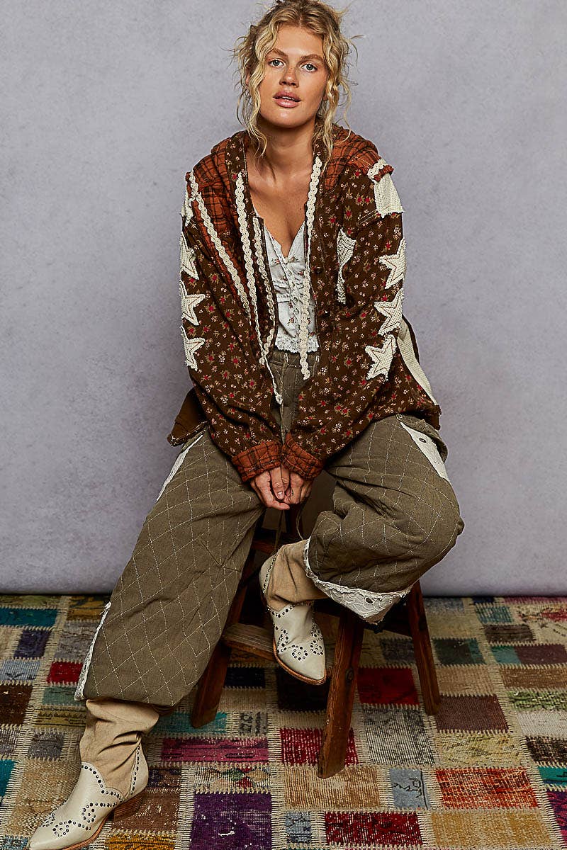 Long sleeve printed patch detail trim knit hooded jacket