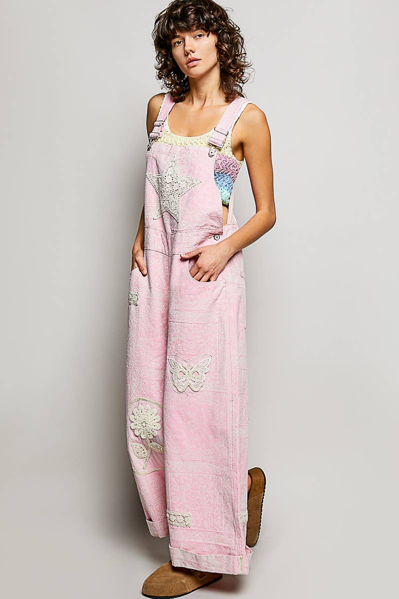 Floral Crochet Pearl Patch Roomy Fit Twill Overalls: FLORAL MULTI / M