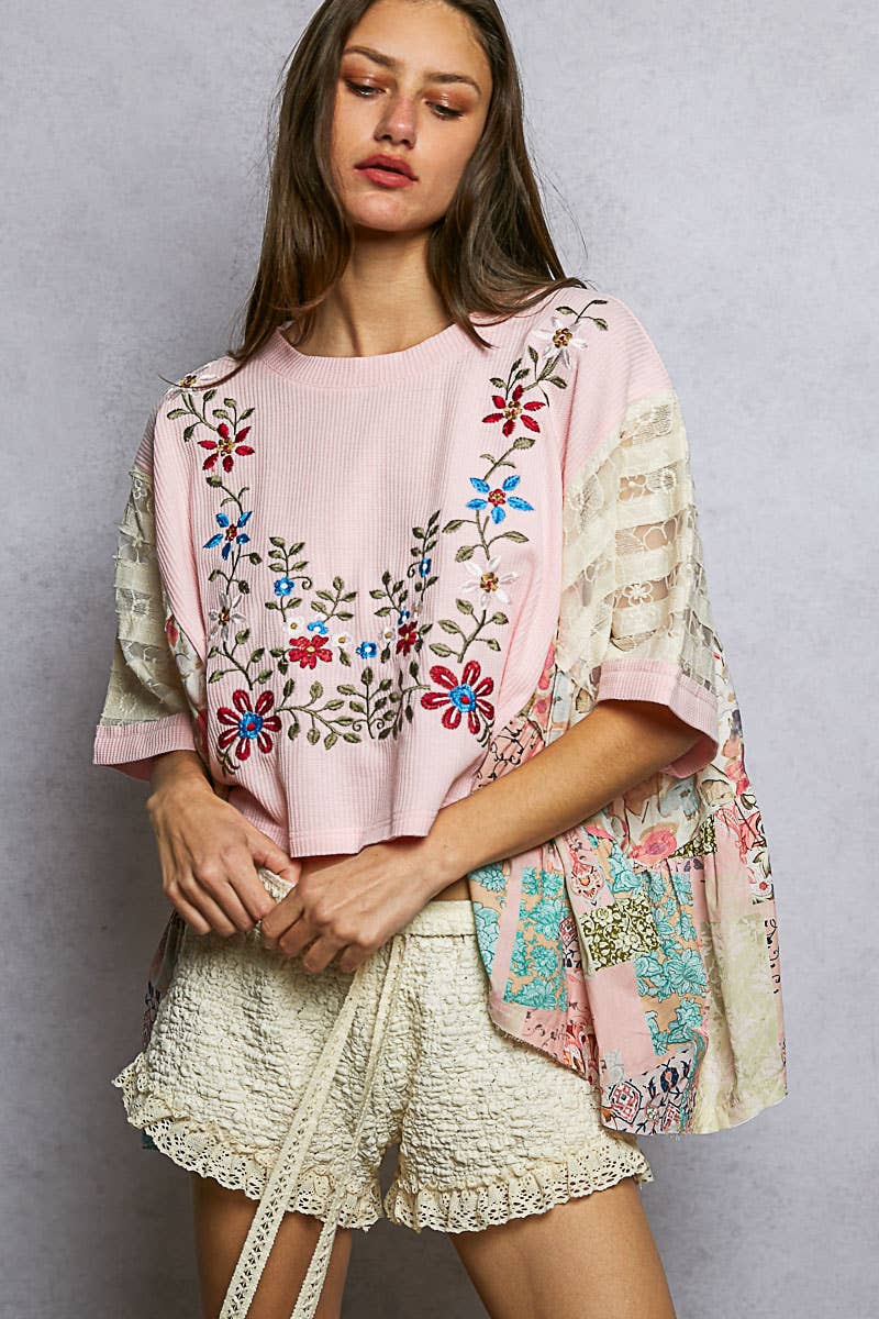 Boho Side Ruffle Detail Floral Embroidery Thermal Top: Pink