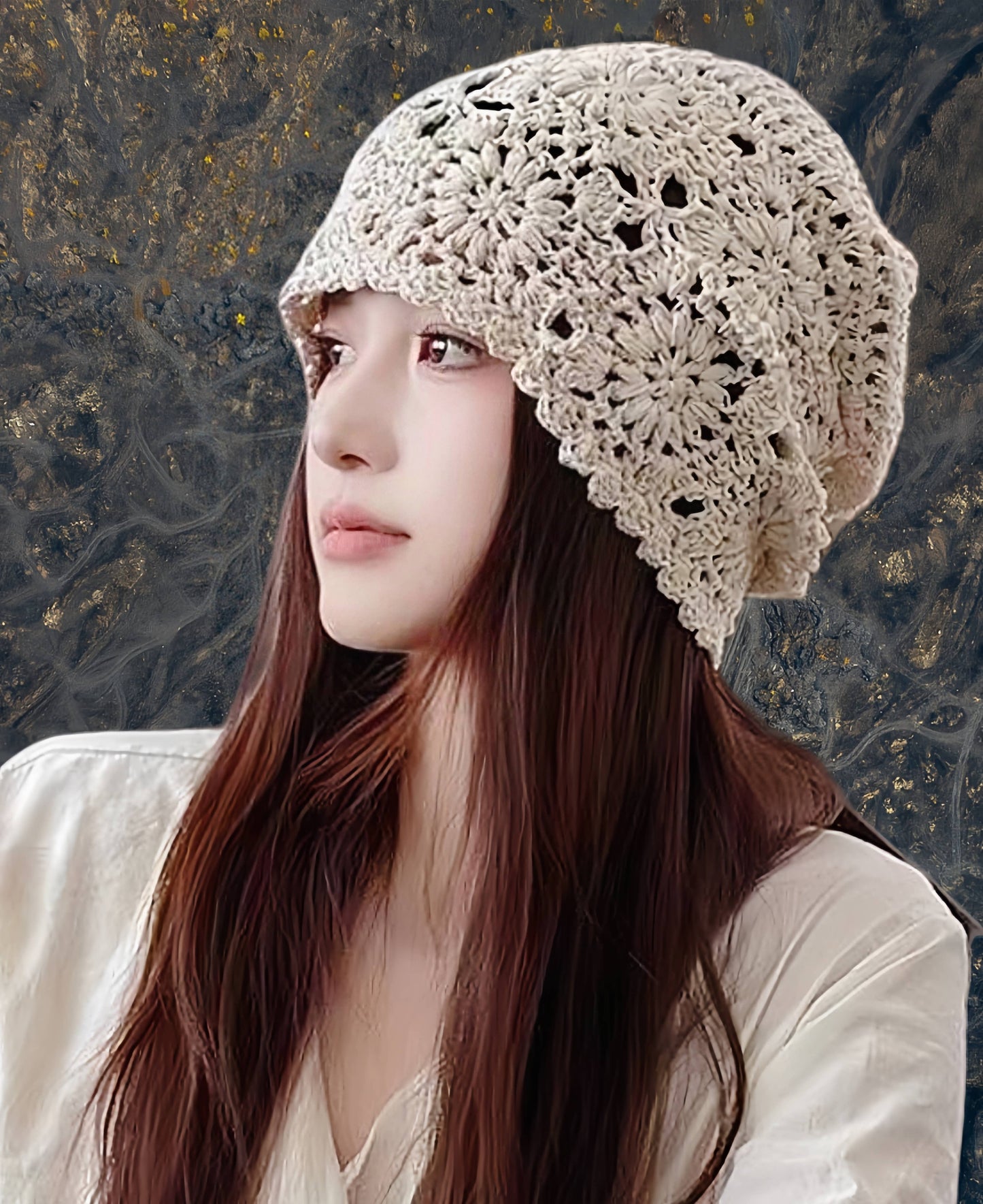 Hand-Crocheted Vintage Slouchy Beanie with Floral Design : Beige
