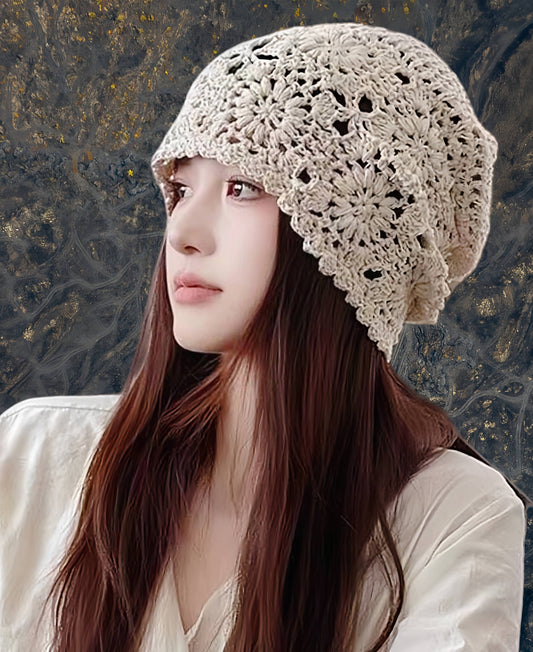 Hand-Crocheted Vintage Slouchy Beanie with Floral Design : Beige