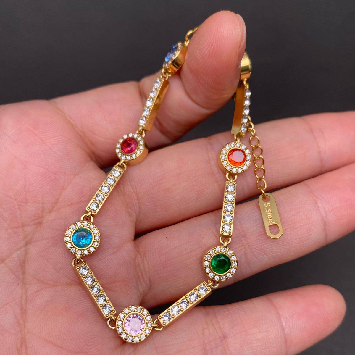 Colored Zircon 18K Gold Plated Stainless Steel Bracelet - FGS
