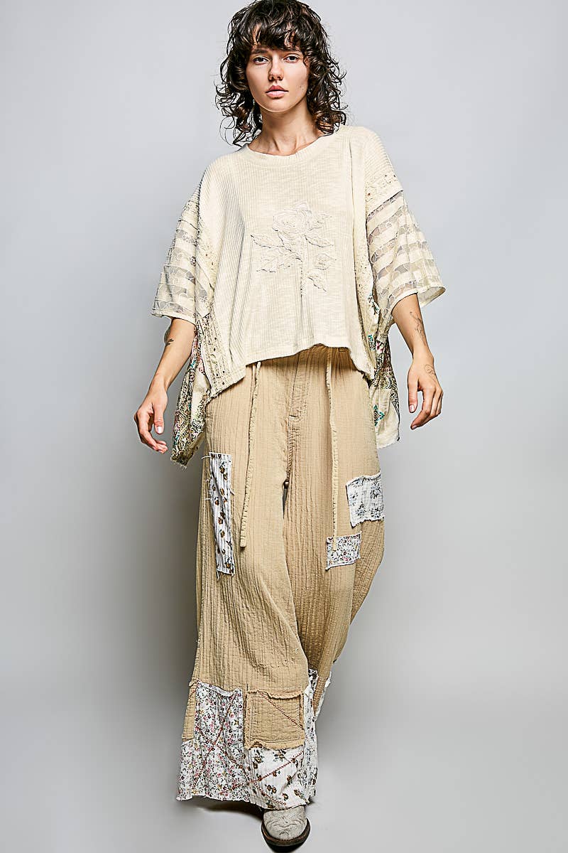 Artisan Rose Appliqué Patchwork Knit Top