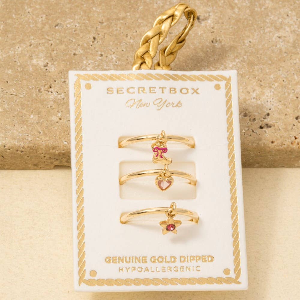 Secret Box Gold Dipped 3Pc Dangle Charms Band Rings Set: GD