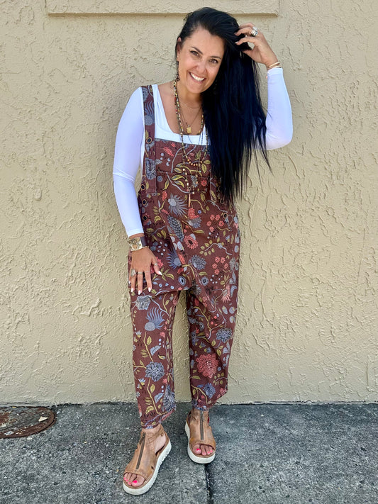 Brown floral overalls