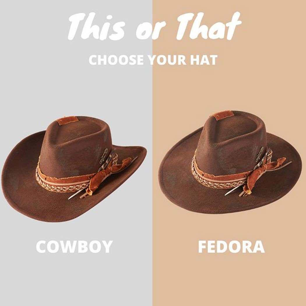 Vintage Versatile Shapeable Cowgirl & Fedora Hat With A Feat: Brown