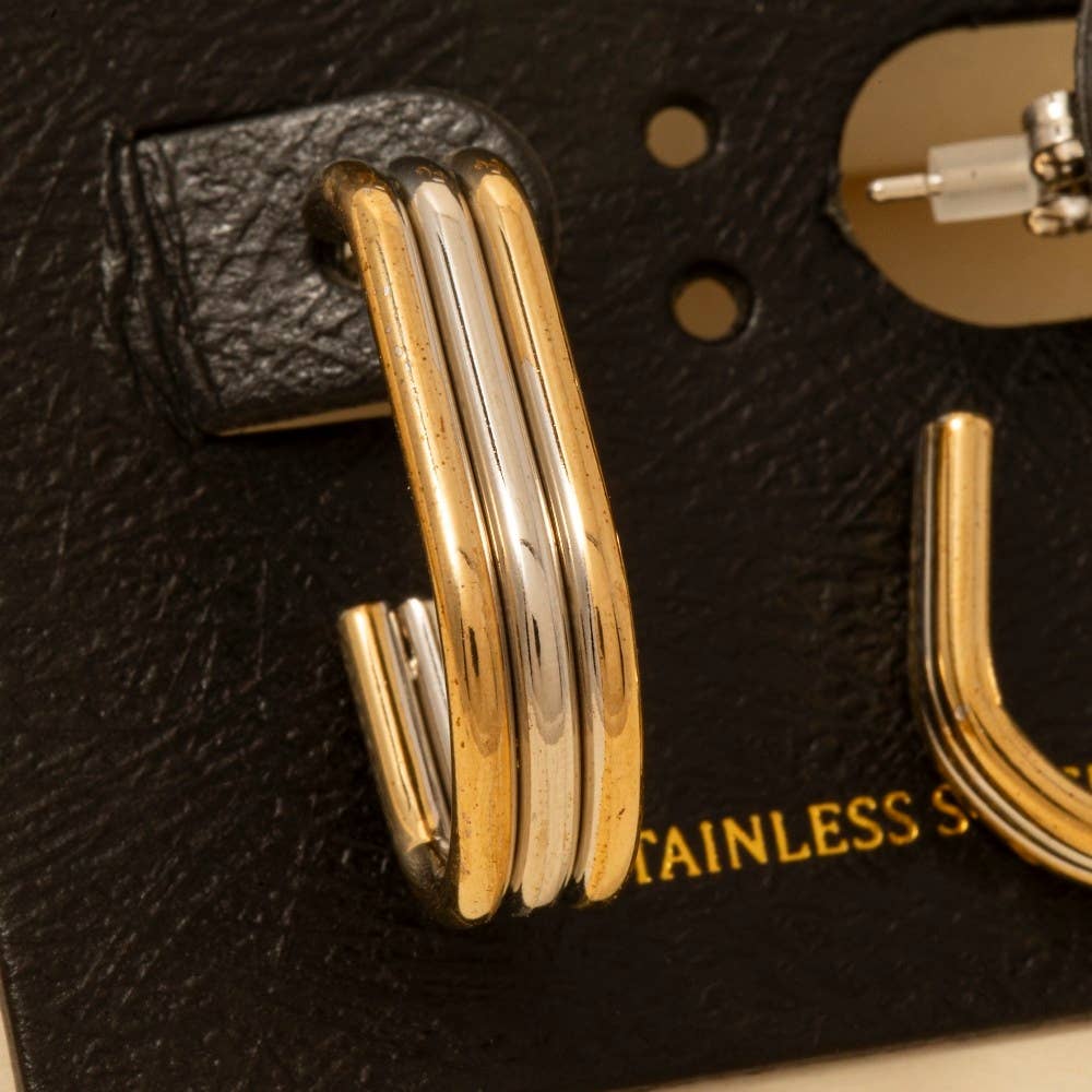 Two Tone Stainless Steel Layered Tube Hoop Earrings: GDMRH