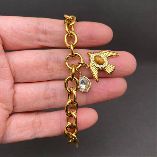 Stone & Zrcon Inlaid Bird Charm 18K Golden SS Bracelet - FGS