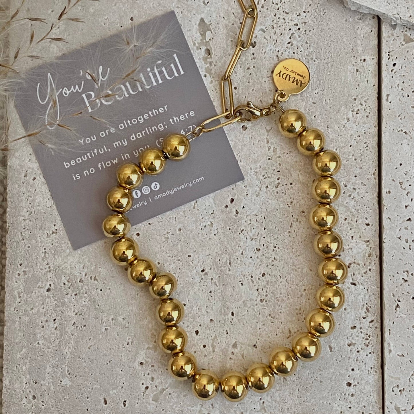 Bold Beaded Bracelet 18k Gold Plated 8mm stainless steel