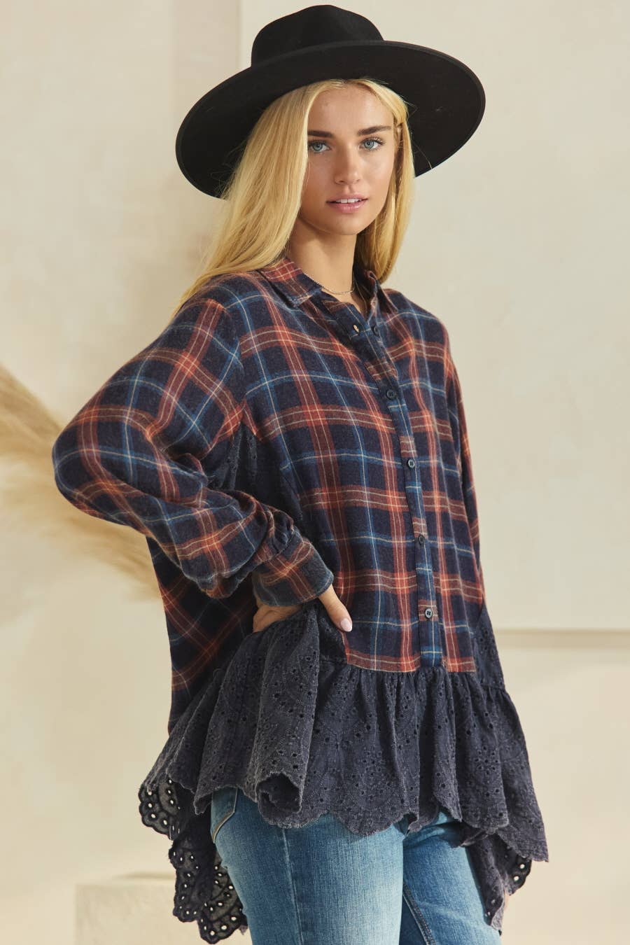 Plus Plaid Eyelet Lace Button Down Shirts: Washed Navy Plaid / 2XL