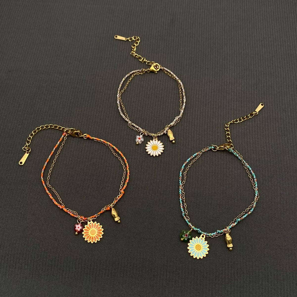 Daisy Charm 18K Golden S.Steel Woven Rope Bracelet - FGS: White