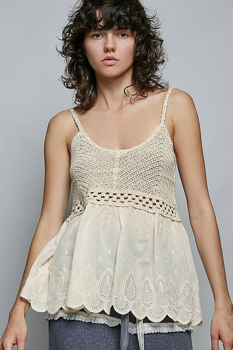 Round Neck Sleeveless Eyelet Ruffle Embroidered Crochet Top: NATURAL / Os