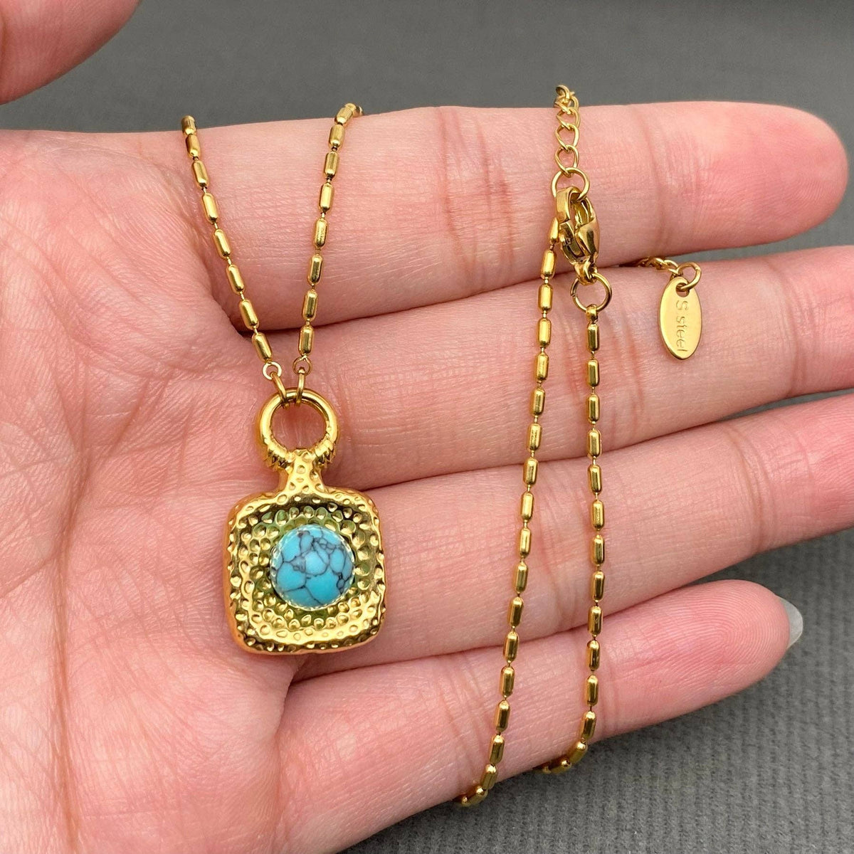 Turquoise Inlaid Square 18K Golden SS Charm Necklace - FGS