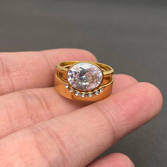 Zircon Inlaid 18K Gold Plated S.Steel Stacked Ring - FGS: 7