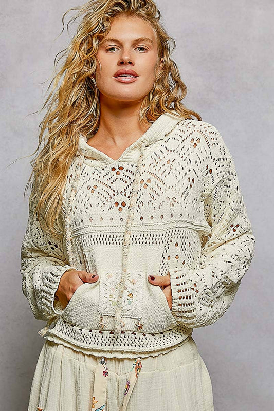 Chenille Crochet Lightweight Pullover Hoodie Sweater: NATURAL / M