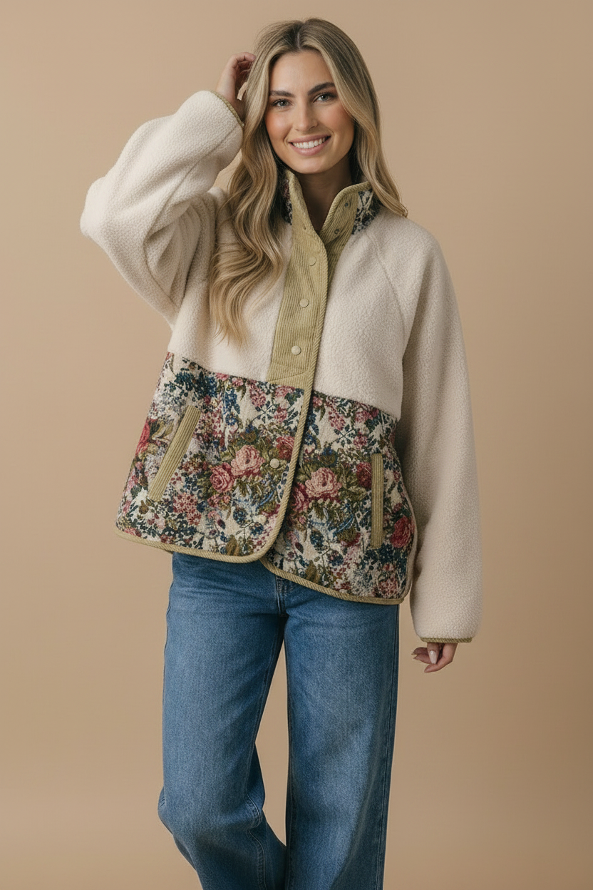High Neck Snap Button Sherpa Floral Jacket