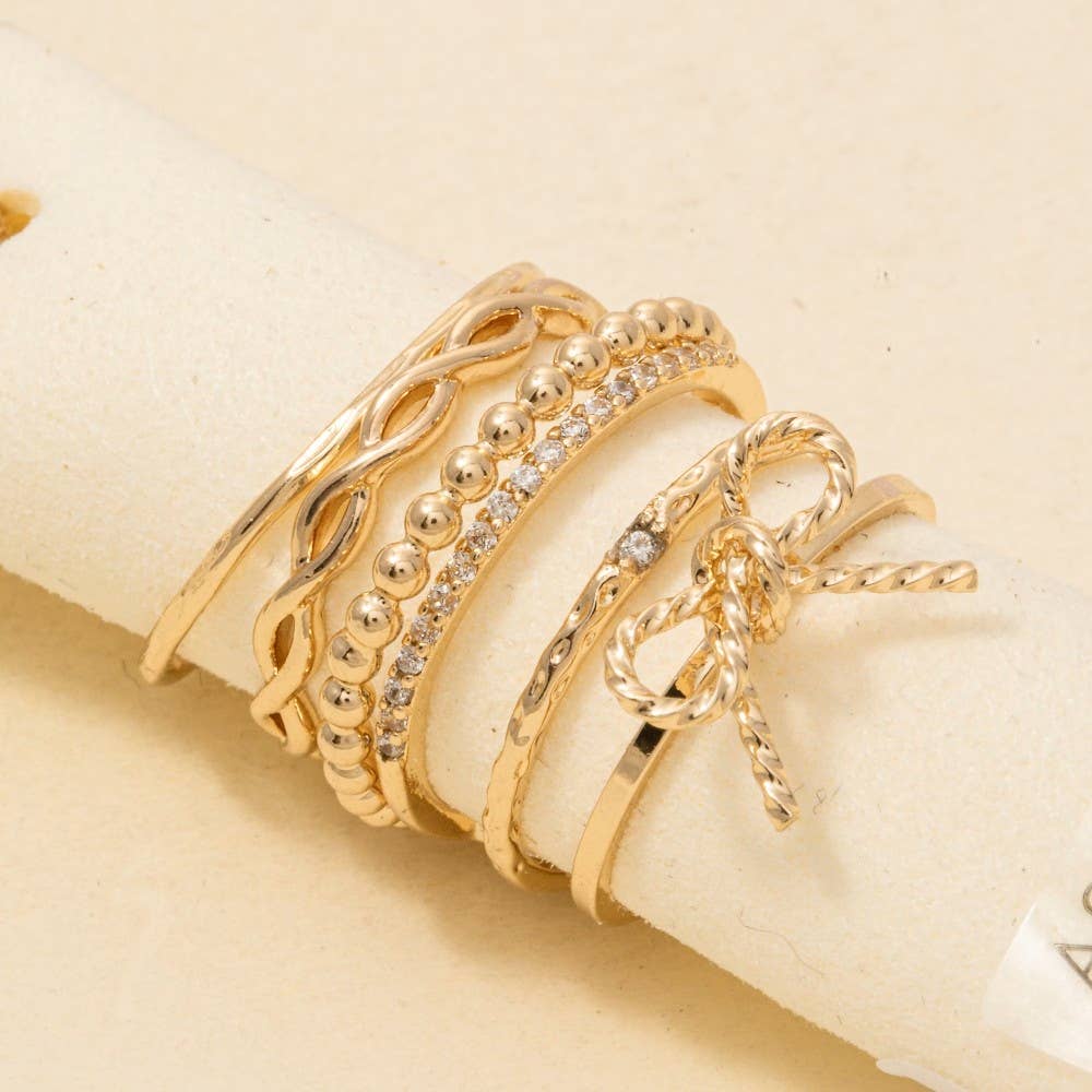 5Pc Cz Mixed Bow And Chain Style Band Rings: GDCRY