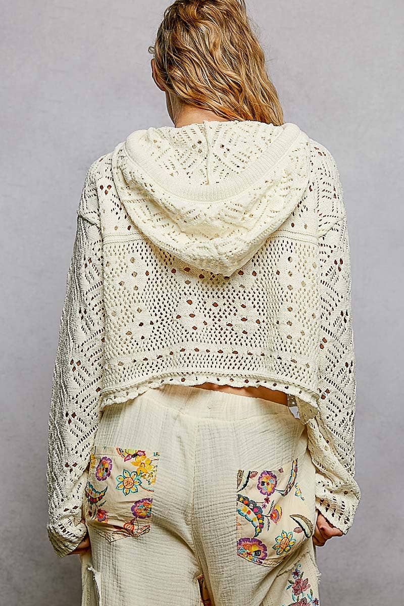 Chenille Crochet Lightweight Pullover Hoodie Sweater: NATURAL / M
