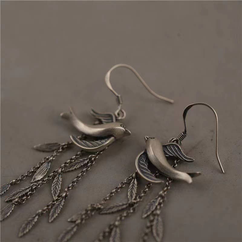 Willow Leaf Swallow Tassel Long Earrings: Silver