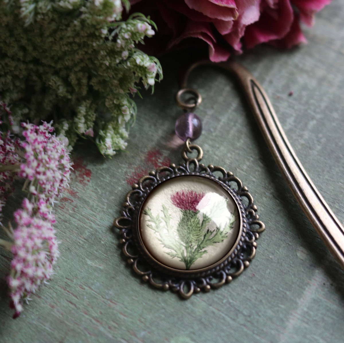 Scottish Thistle Glass Cabochon Bronze and Glass Bookmark