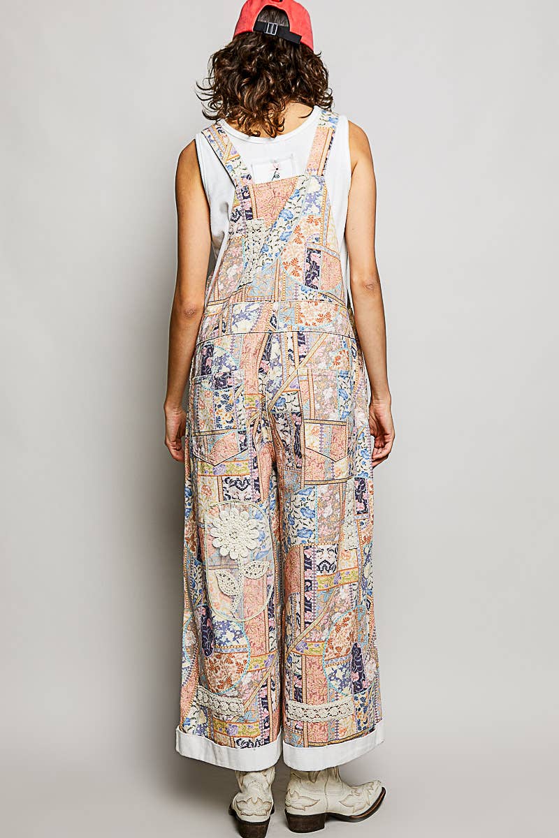 Floral Crochet Pearl Patch Roomy Fit Twill Overalls: FLORAL MULTI / M