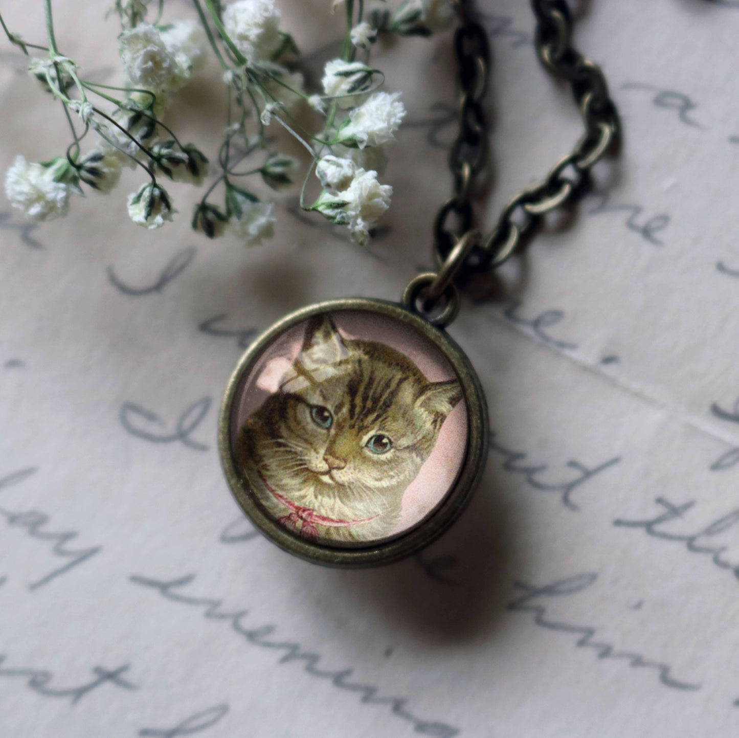 Victorian Tabby Cat Simple Reversible Pendant Necklace