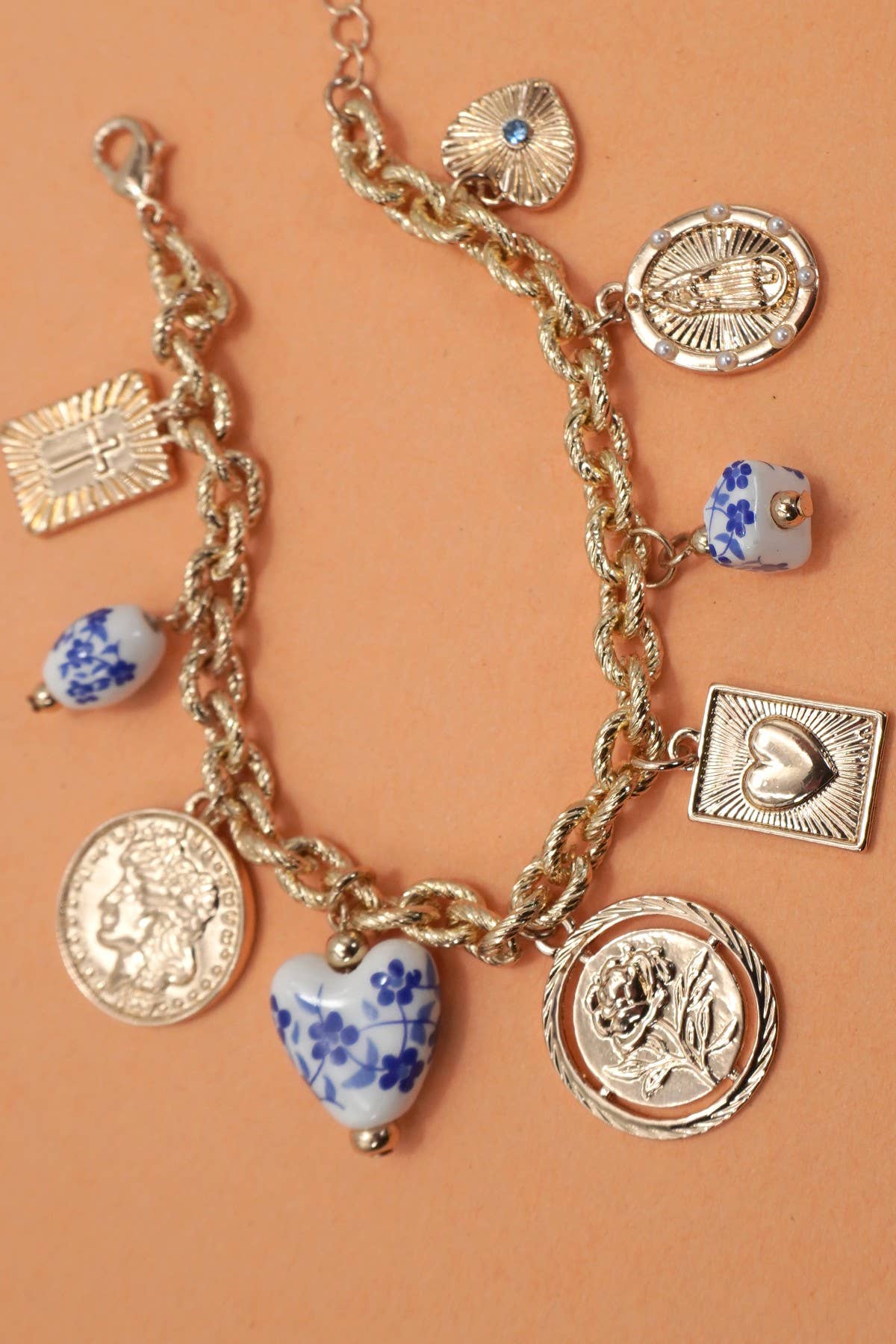 BLUE CERAMIC PORCELAIN COIN CROSS CHARM BRACELET | 80B1341: Gold