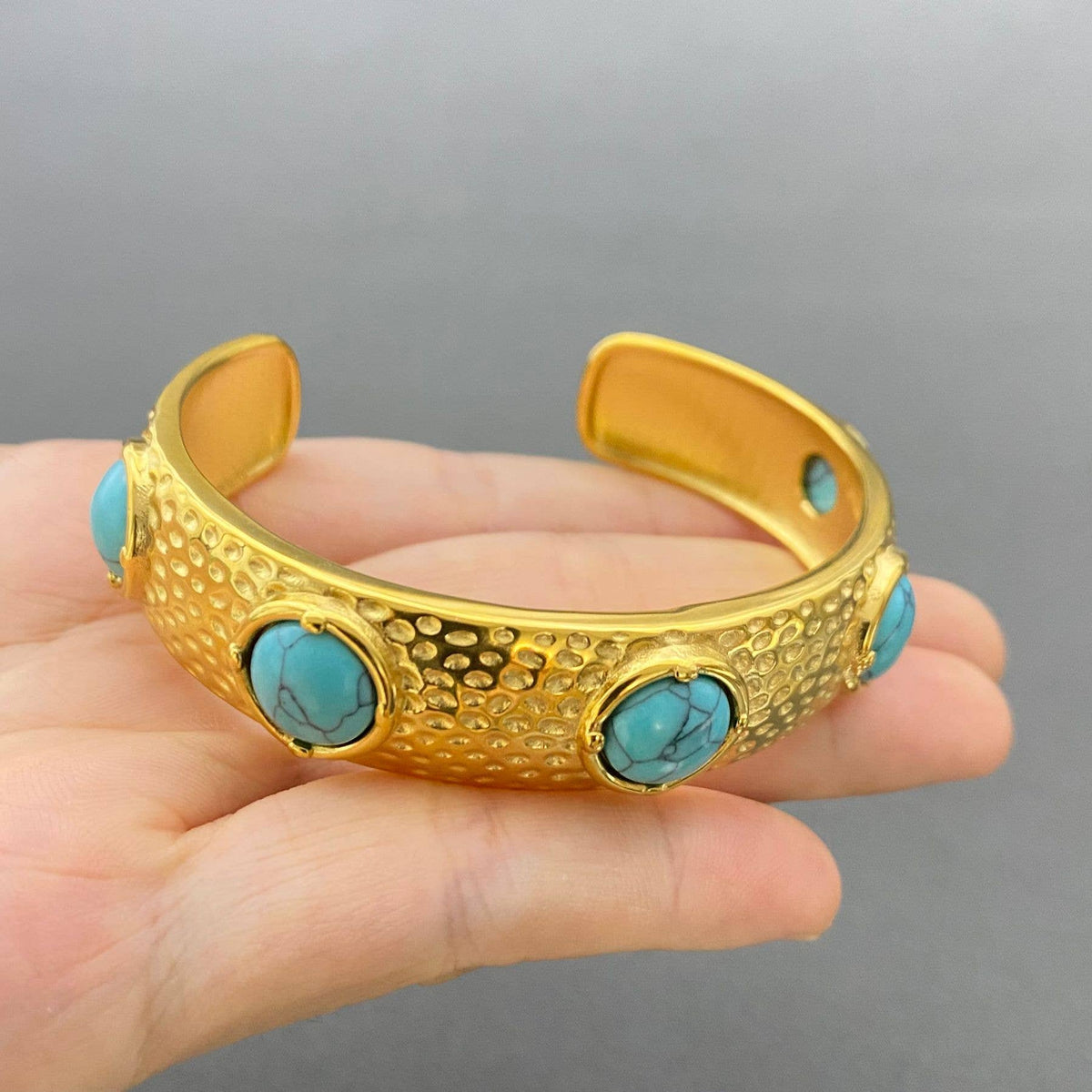 Turquoise & Pearl 18K Gold Plated Stainless Steel Cuff - FGS: Turquoise