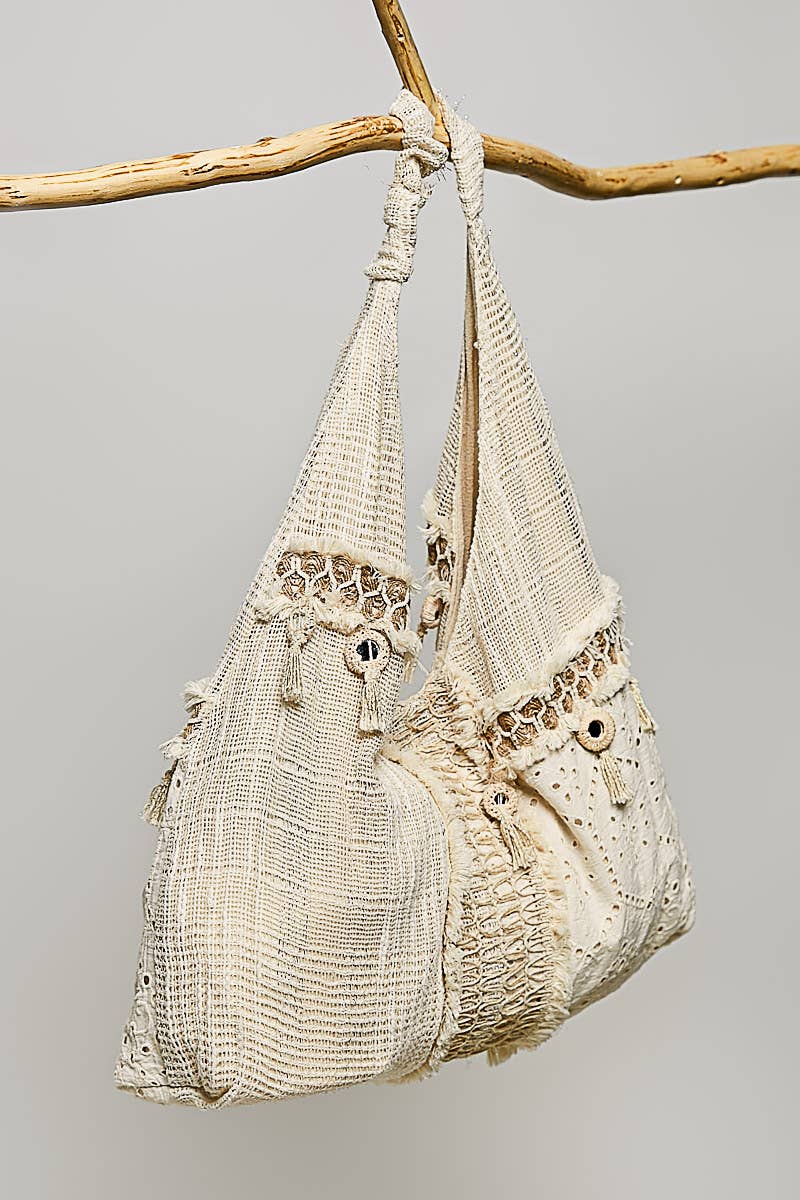 Mirror Dangle Tassel Lace Patched Hobo Bag: NATURAL MULTI / OS