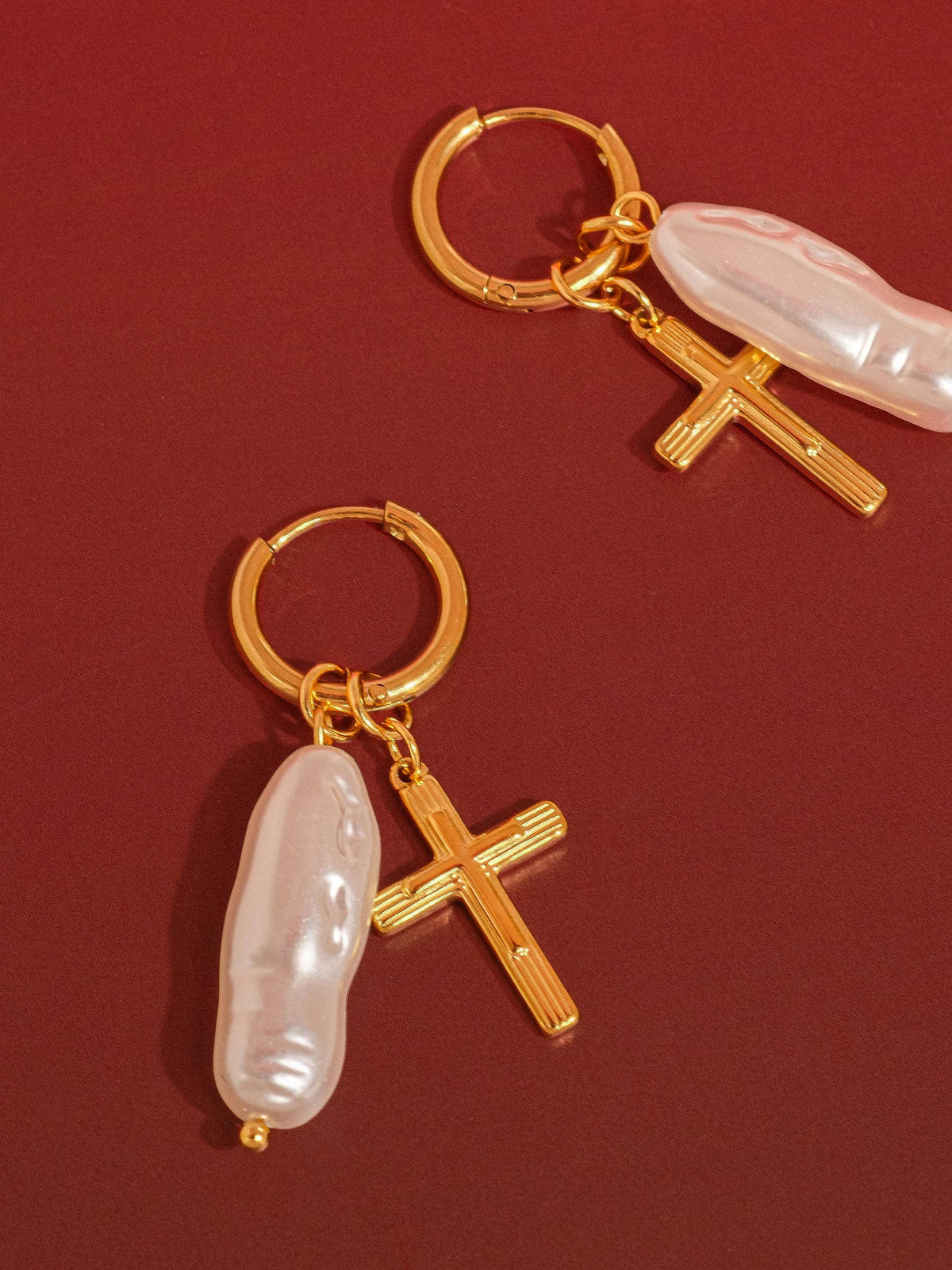 Bréline 18K Gold Non-Tarnish Cross Pearl Drop Earrings: Yellow Gold